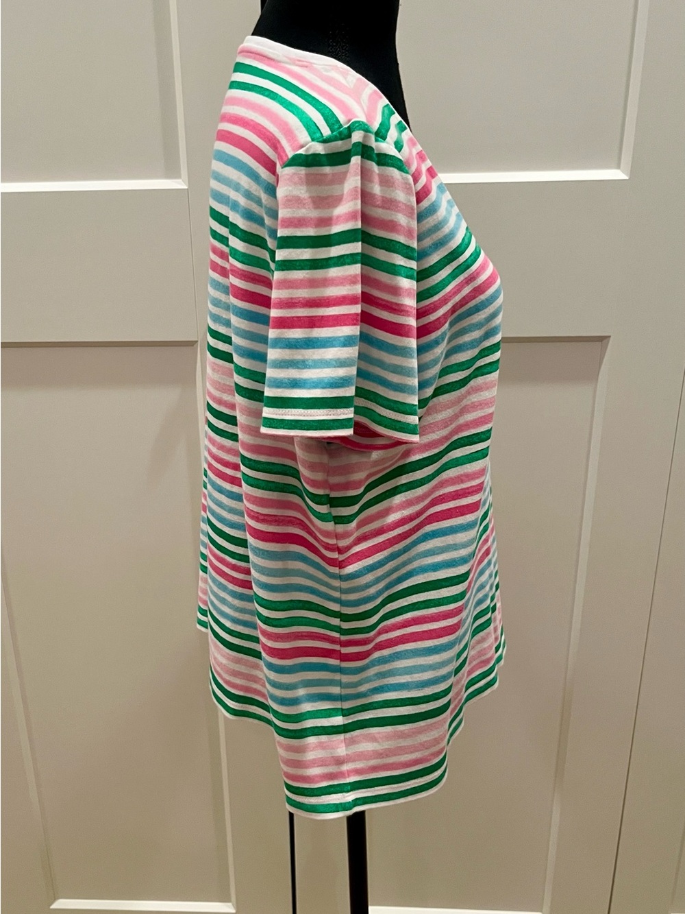 Kim Rogers Striped Short-Sleeve Crewneck Tee in Pink, Green & Blue Casual Cotton - Picture 2 of 6